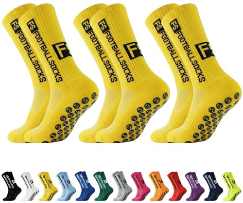 AYEUPZ 3 Paare Fußballsocken für Herren Damen,39-46 Sportsocken Fußball Anti Rutsch Grip Fußball Socken Rutschfeste Sportsocken (3 gelbe)