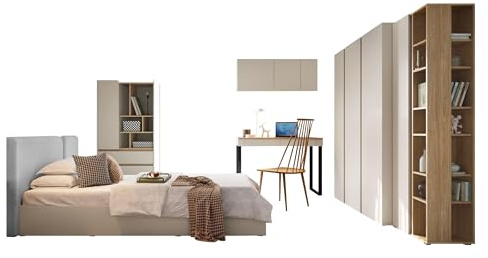 Mirjan24 Jugendzimmer Möbel Set Lonitz II, 4-teilig, Komplettzimmer mit Jugendbett 90x200, Schreibtisch universell, Kommode & Wandregal (Sandbeige/Geölte Eiche + Portland Ash)