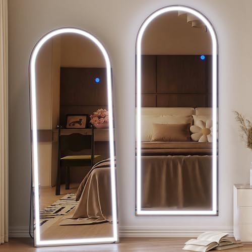 ZKIODV 165x65cm Arqué Miroir sur Pied LED, Grand Miroir Mural sans Cadre, Miroir Pleine Longueur Bombé, 3 Modes Couleur et Luminosité Réglable, Miroir intégral pour Chambre à Coucher, Salon (Noir)