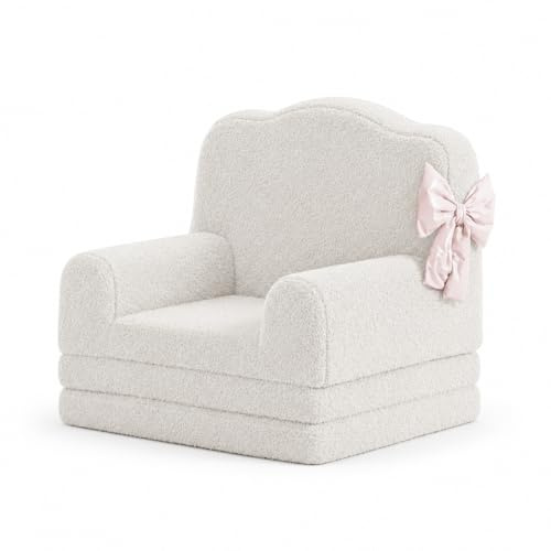 Djioyer 2-in-1 Convertible Kids Sofa Chair – Soft Sherpa Toddler Couch, Crown Design, Washable Cover, Comfy Fold-Out Lounger and Sofa Bed for Playroom or Nursery – Large, Gray Crown