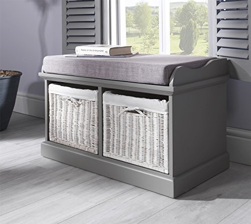 Tetbury Grey Bench with 2 White Baskets. Hallway storage bench with matching cushion seat. Very sturdy, FULLY ASSEMBLED