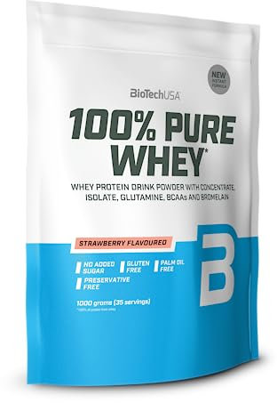 BioTechUSA 100% Pure Whey | Proteína en Polvo con BCAA y Glutamina | Sin Gluten, Sin Aceite de Palma, 1 kg, Fresa
