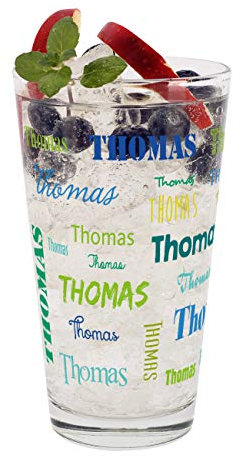 Herz & Heim® Trinkglas mit Namen in verschiedenen Schriftarten und Farben (Blau-Grün)