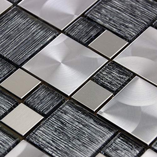 Luxury Textured Grey Glass & Brushed Steel Mix Mosaic Wall Tile Sheet 8mm