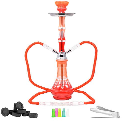 Mianova Orientalische 2 Schlauch Wasserpfeife Nargile Hookah Design Shisha Set 45cm mit 5 Mundstücke Zange 1 Rolle Kohle Silber Rot