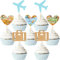 36-teiliges Cupcake-Topper-Set, Flugzeug-Cupcake-Topper, Karte, Herz, Kuchen-Topper für Reisen, Themen, Babyparty, Party-Dekorationen (Blau und Braun)