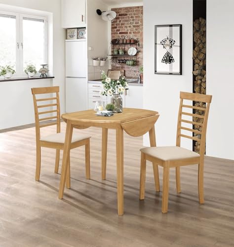 Hallowood Furniture Ledbury Small Drop Leaf Dining Table and Chairs Set 2 | 61-92cm Folding Table and 2 Chairs with Cream Fabric Padded Seat, Wooden Dining Set in Oak Finish, Farmhouse Dinner Set for 2