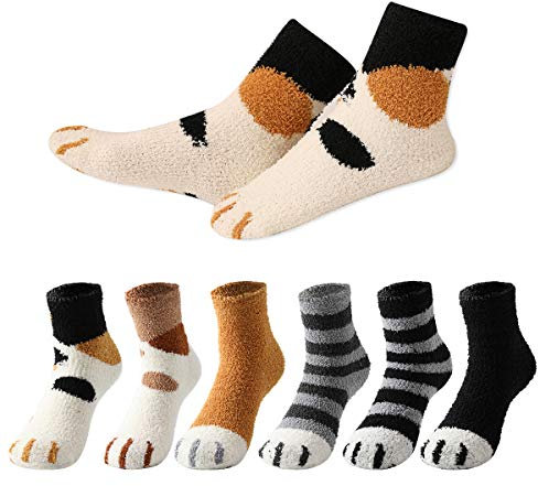 MOCOCITO 6 Paar Socken Damen aus Baumwolle/Coral-Fleece Katzensocken，Pfotensocken Karikatur Tier Socken Damen Witzige Weihnachtssocken Sneakersocken Größe 35-42