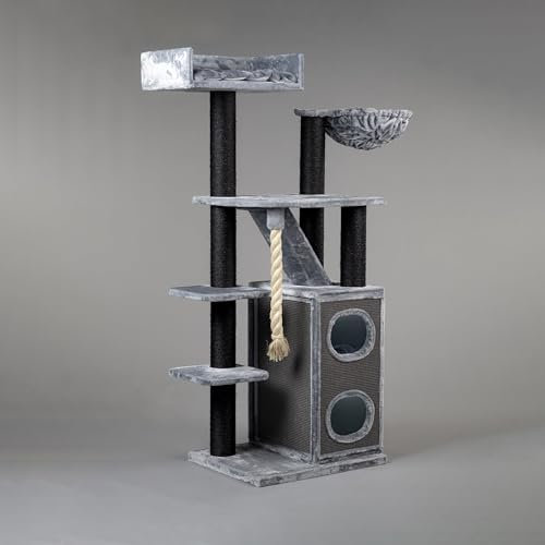 RHRQuality Arbre à Chat Grand Chat XXL Cat Penthouse pour Maine Coon Grand Arbre à Chat Lourd pour Chat Escalade et Meubles à gratter Tronc épais (Standard, Blackline Gris Clair)