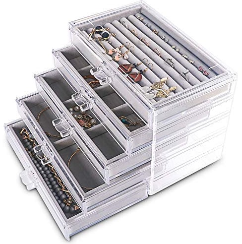 Frebeauty Extra große AcrylSchmuckbox für Frauen 5 Schichten transparent SchmuckOrganizer Samt OhrringBox mit 5 Schubladen Ringschatulle Halskettenhalter Tablett für Frauen und Mädchen (grau)