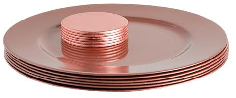 Argon Tableware Metallic Charger Plates & Coasters Set - Rose Gold - 12pc - 33cm - Metallic Finish Reusable Dining Table Setting Plates Drink Placemats for Christmas, Celebrations, Restaurant Decor