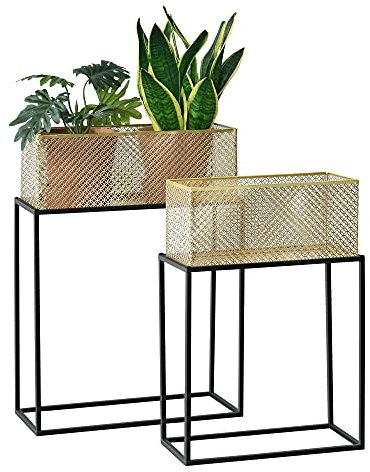 [en.casa] Lot de 2 Supports de Plante Rectangulaires Ensemble Cache-Pot Pot de Fleur Bac à Fleurs Vase Métal Tailles Différentes Noir Laiton