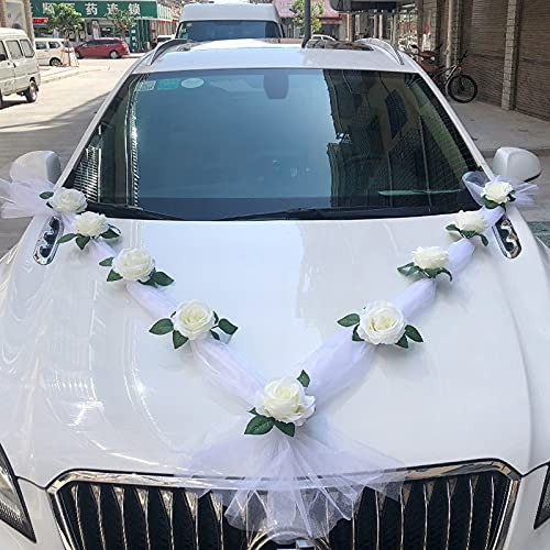 Susire Auto Schmuck Hochzeitsdeko Girlande: Hochzeitsschmuck Weiß Rose Hochzeitsauto Dekoration - Schleife Organza Kunstblumen