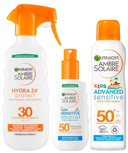 Garnier Ambre Solaire Kids Advanced Sensitive SPF 50+ hypoallergenes Spray 200 ml + Kids Advanced Sensitive SPF 50+ Anti-Sand Spray 150 ml + Sonnenspray SPF 30 mit Sheabutter 300 ml