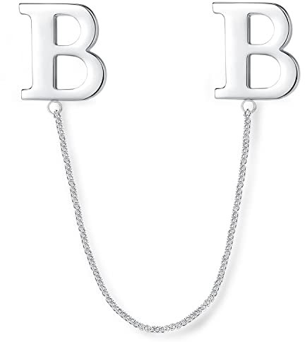 HONEY BEAR Broche Clips Chaîne Pins Lettres Initiale Alphabet De A à Z pour Costume Homme/Femme,Épingle d'étiquette de col de cou avec pompon,Acier inoxydable pour cadeau d'affaires,Argent (B)