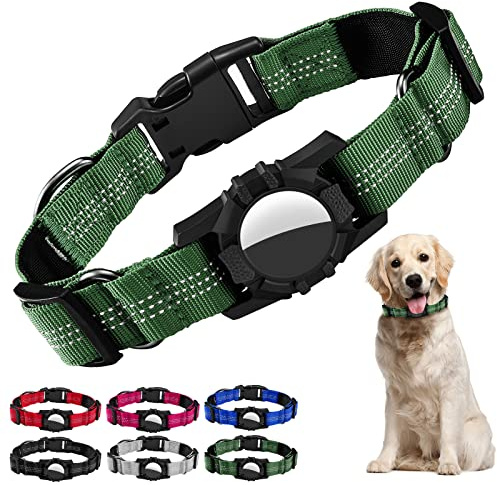 Hundehalsband für Airtag, Reflektierendes Verstellbares Haustierhalsband für Apple AirTags, Langlebiges Apple Airtag Hundehalsband Zubehör für mittelgroße Hunde (M, Armeegrün)