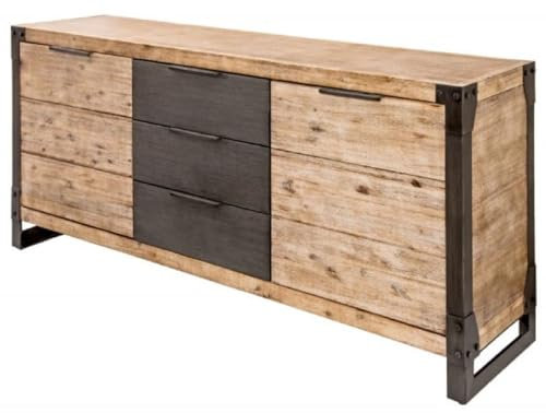 Casa Padrino Landhausstil Sideboard Naturfarben/Grau/Anthrazit 180 x 45 x H. 80 cm - Massivholz Schrank mit 2 Türen und 3 Schubladen - Wohnzimmer Möbel