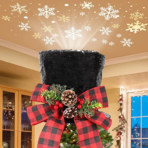 Christmas Tree Topper, MACTING Christmas Decoration 3D LED Rotating Snowflake Projector, Black Shiny Sequins Top Hat Halloween Xmax Tree Decor