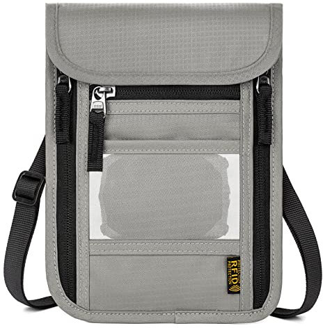 WACCET Brustbeutel Herren Dame mit RFID Schutz, Reise Brustbeutel mit Mehreren Taschen Versteckter Reisegeldbeutel Brusttasche für Bargeld, Karten, Schlüssel und Reisepass usw (Hellgrau)