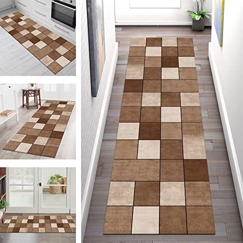 Teppich Läufer Flur Küche rutschfest waschbar Teppichläufer Lang 90X400CM Braun Schwarz Küchenläufer Meterware Korridor Tepiche Esszimmer Schlafzimmer Wohnzimmer Schmutzfangmatte Breit 40-120cm