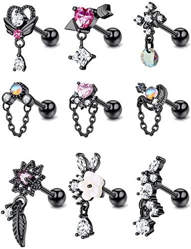 Kakonia 9 Pcs 16G Dangle Knorpel Ohrringe für Frauen Edelstahl Ohrstecker Herz Pfeil Feder Schneeflocke Flügel CZ Dangling Knorpel Ohrringe Tragus Conch Helix Piercing Schmuck