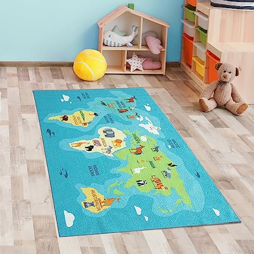 CARPETIA Läufer Vorleger Lernteppich für Kinder „Tiere & Kontinente spielend Lernen“ Weltkarte türkis-blau, 80 x 150 cm