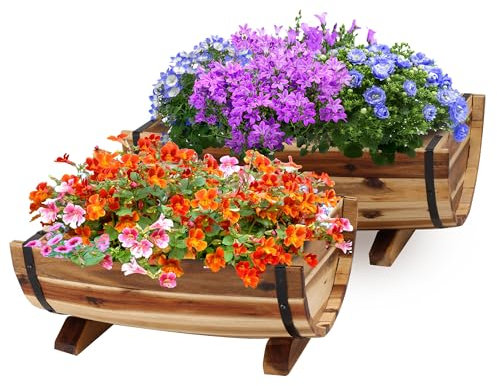 IDZO Massives Akazienholz Halbfass Pflanzgefäße Outdoor Set mit 2 verschiedenen Größen, Pflanzgefäße aus Holz für Outdoor-Pflanzen mit Metallbändern & Drainagelöchern, Beine inklusive, Natur