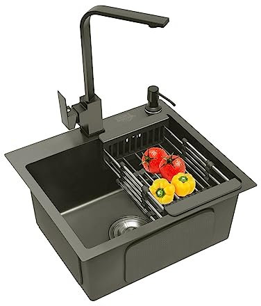 Spüle Spülbecken, Edelstahl Spülbecken Kit Einbauspüle Küchenspüle Granitspüle, inkl. Küchenarmatur 360° Drehbar, Spüle, Seifenspender, Über- u. Ablaufgarnitur für 45 cm Unterschrank, 40 x 45 cm