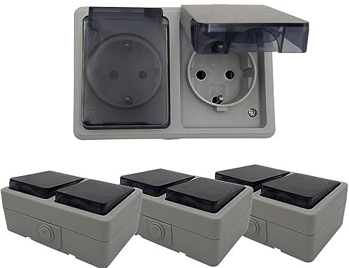 4 Stück Doppelsteckdose Feuchtraumsteckdose 2 Fach Steckdose Feuchtraum Aufputz 16 A / 230V / IP44 Grau