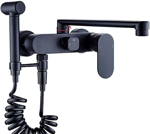 JQFDD Miscelatore Rubinetto Cucina a Muro con Doccetta Estraibile Bagliore Miscelatore Lavello Cucina Girevole a 360 °Rubinetti da Muro Rubinetto a Muro Miscelatore-Nero-B._20 Cm.