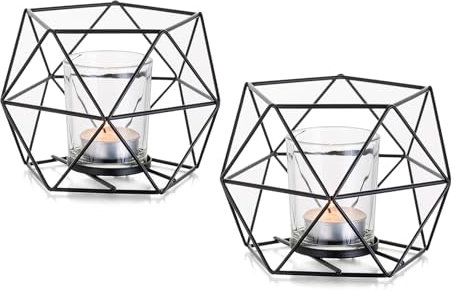 Kerzenständer Schwarz Deko Modern Tischdeko: Candeldo 2er Set Teelichthalter Metall Kerzenhalter Deko Wohnzimmer Badezimmer Tisch Geometrische Dekoration für Schlafzimmer Fenster Esstisch
