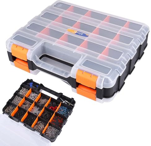 AllinRC Boîte de rangement pour pièces, boîte à outils double face, 34 compartiments avec séparateurs amovibles pour vis, boulons, écrous, clous