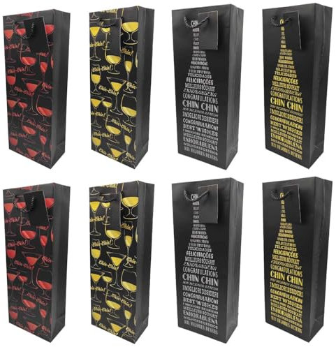 Acan Tradineur - Pack de 8 Bolsas de Papel Decoradas para Botella de Vino, Asas de Cuerda, Guardar, Regalar, Envolver champán, Navidad, 36 x 14 x 8 cm, diseños aleatorios