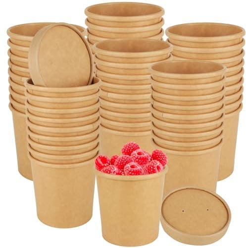 GBACHOOSE 100 Pcs Brown Kraft Disposable Soup Cups Containers with Lids, 12oz (350ml) Paper Soup Bowls Takeaway Tubs for Ice Cream Hot Soup(50pcs Cups and 50pcs lids)