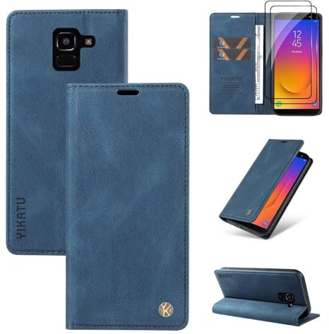 Beajew Coque pour Samsung Galaxy J6/J6 2018 Rabat, avec 2 Pièces Verre Trempé, [RFID Blocage] Portefeuille Etui avec Fonction Support et Porte-Carte, Antichoc Flip Cover Case - Bleu