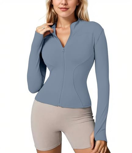 Memoryee Sportshirt Damen Langarm Gym Sport Top Oberteile Activewear Fitness Yoga Trainingsjacke Laufshirt Enge Sportjacke mit Reißverschluss und Daumenloch B-Blau1 S