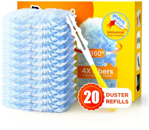 Super Efficient Duster Kit with 20 Duster Refills & 1 Handle, Compatible with Swiffer Dusters, Multisurface 360° Dusters with 4X Microfibers, Unscented Disposable Dusters for Cleaning (Blue)