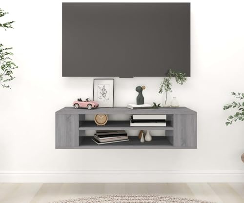 Gecheer Meuble TV suspendu en contreplaqué gris 100 x 30 x 26,5 cm
