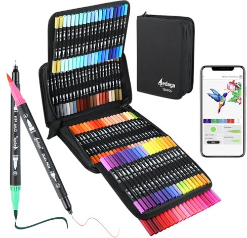 AEDAGA 120 Numbered Dual Tip Colouring Pens with Free App,Felt Tip Pens for Adult Colouring Books, Brush Pen Art Supplies for Calligraphy Drawing Sketching Journaling Painting