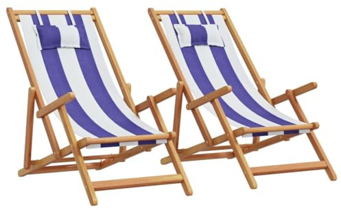 vidaXL Strandstühle 2 STK. Klappbar Blau Weiß Stoff und Massivholz, Loungestuhl, Relaxstuhl, Outdoor Stuhl, Liegestuhl, Campingstuhl, Gartenstuhl