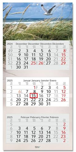 Timr 3-Monatskalender 2025 Nordsee I Wandkalender 3 Monate I 33 x 70 cm I mehrsprachig D/GB/F/ES Jahresplaner mit Schieber I Mehrblatt-Kalender I tr_263
