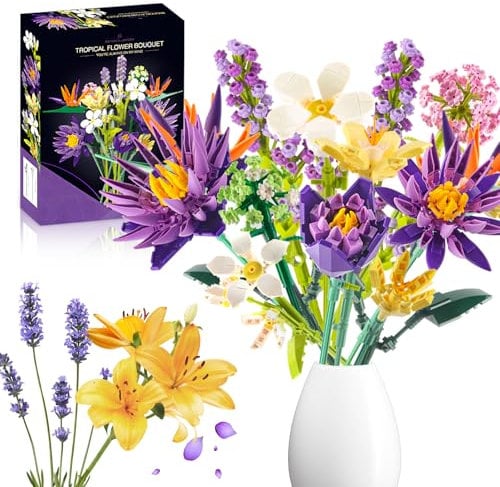 IKIDSUN Blumenstrauß Bausteine Sets, 891PCS DIY Blumen Bausteine Bausatz, Paradiesvögel und Seerose Blumenstrauß Baukasten für Home Office Decor für Erwachsene, Geschenk für Muttertag Valentinstag