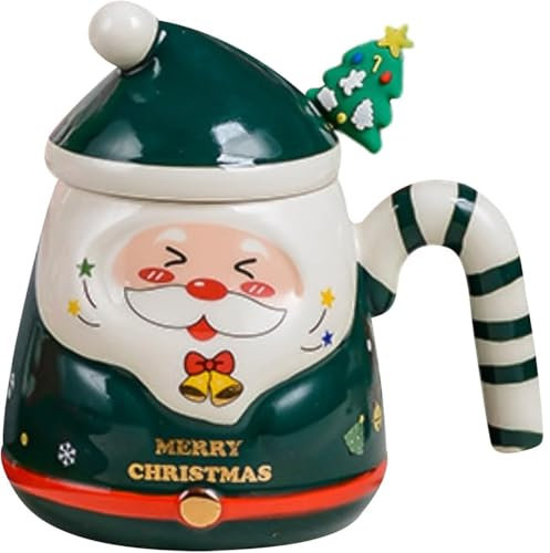 MAGICVOGEL Weihnachten Kaffeetasse 400ml große Weihnachtstasse Cartoon 3D Weihnachtsmann Kaffeebecher Weihnachtsbecher mit Deckel und Löffel Kreatives Geschenk Teetasse (Grün)