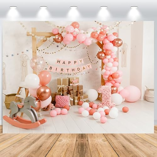 ASDCXZ Erster Geburtstag Fotohintergrund Mädchen 2.2x1.5m, Rosa Vinyl, Schaukelpferd, Ballon, Süße Prinzessin Geburtstag Party Kuchen Tischdekoration Banner