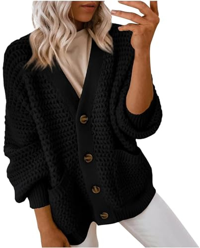 Strickjacke Damen Kurz Grobstrick Pullover Strickjacken Damen Warm Oversize Grobstrickjacke Dicke Open Front Cardigan Frauen Elegant Strickmantel Langarm Casual Übergangsjacke Laternenärmel