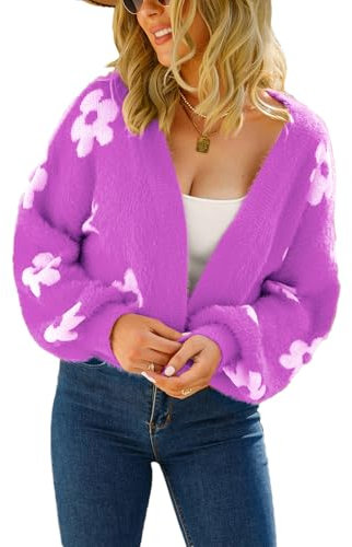 Jamron Donna Aperto Cardigan Corto Floreale Manica Lunga Cardigan Copricostume a Maglia Viola SN602C271 XL