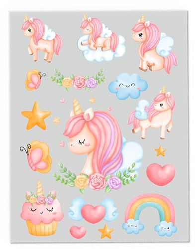 Einhorn Bügelbilder-Set – Verschiedene Motive und Größen auf A4-Bogen – Zum Selbstgestalten von Textilien für Kinder & Erwachsene