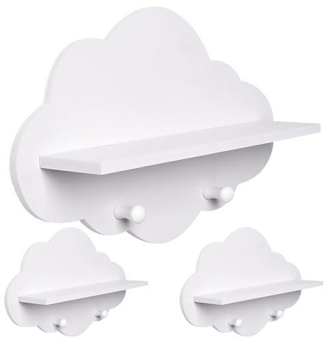 Wolkenregale, 3 Stück, süßes, weißes, schwebendes Holzregal in Wolkenform mit Kleiderbügel, Lagerregal, Wandhalterung, Kinderzimmerzubehör für Kinderzimmer, Wolken-Wandregale, Wolkenregale für Kinderz
