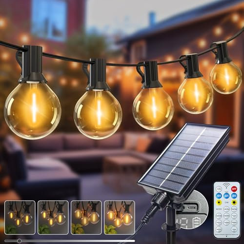 kolpop 15M Guirlande Solaire Exterieur avec Télécommande, 8 Modes Dimmable Guirlandes Lumineuse Solaires avec Minuterie, Étanche Lumiere Guinguette Ampoule pour Jardin Terrasse Cour Pergola Fête