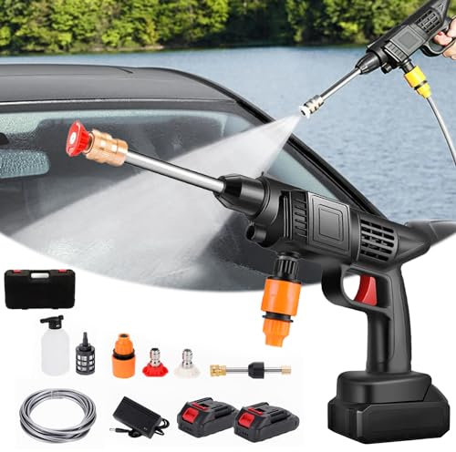 Nettoyeur Haute Pression à Batterie, 60bar Nettoyeur Haute Pression sans Fil Portable, 1800w Nettoyeur Haute Pression sans Fil avec 2 Batteries, pour Voitures Jardin (Noir)